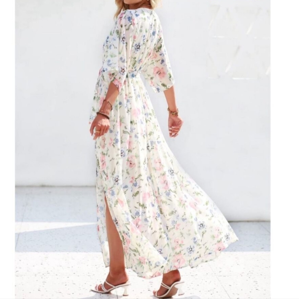 Pink and Blue Maxi Sundress with Slit and Bishop Sleeves